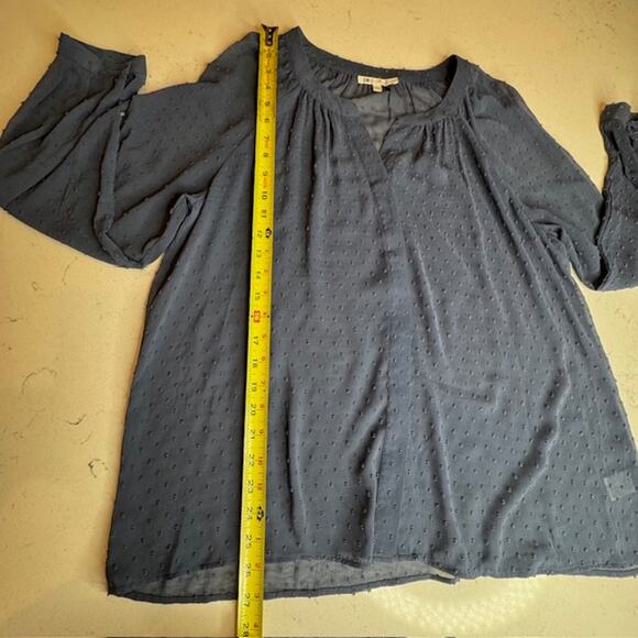DR2 Blue Chiffon Clip Dot Sheer Button Front Blouse Sz Large - Picture 8 of 11